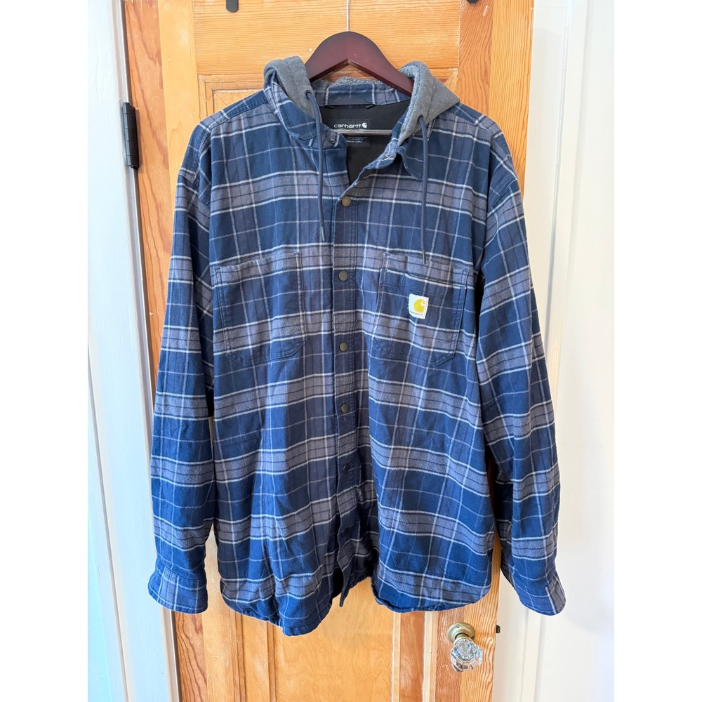 Carhartt Relaxed Fit Hooded Fleece Lined Plaid Shirt Jacket Blue TJ5621-M 2XL